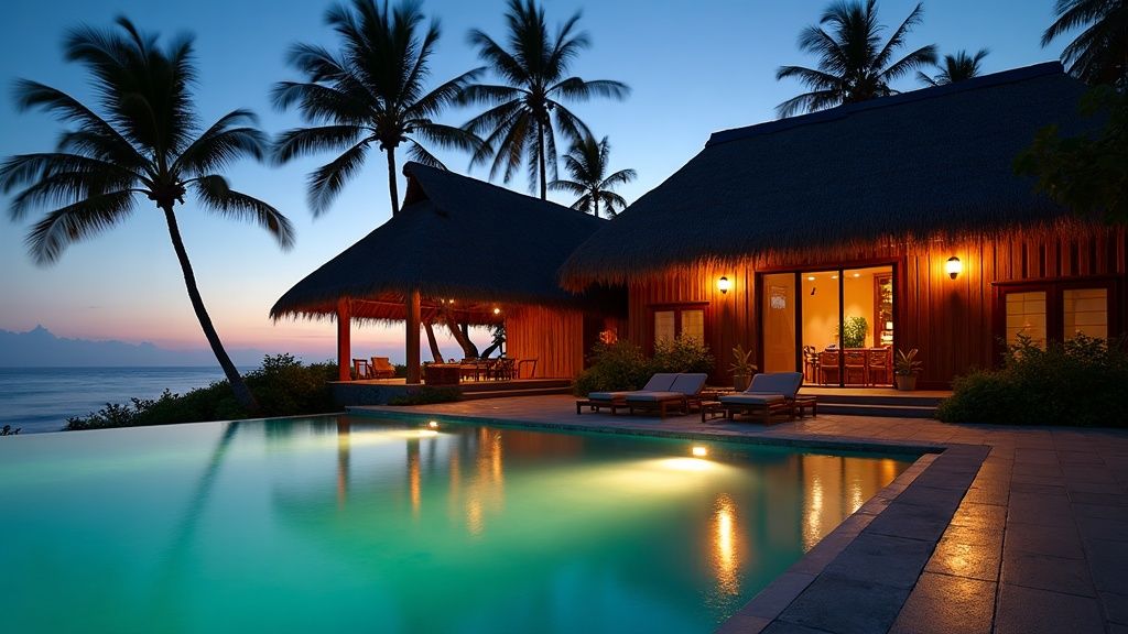 Amāra Beach Eco Hotel in de schemering, gezien vanaf het strand