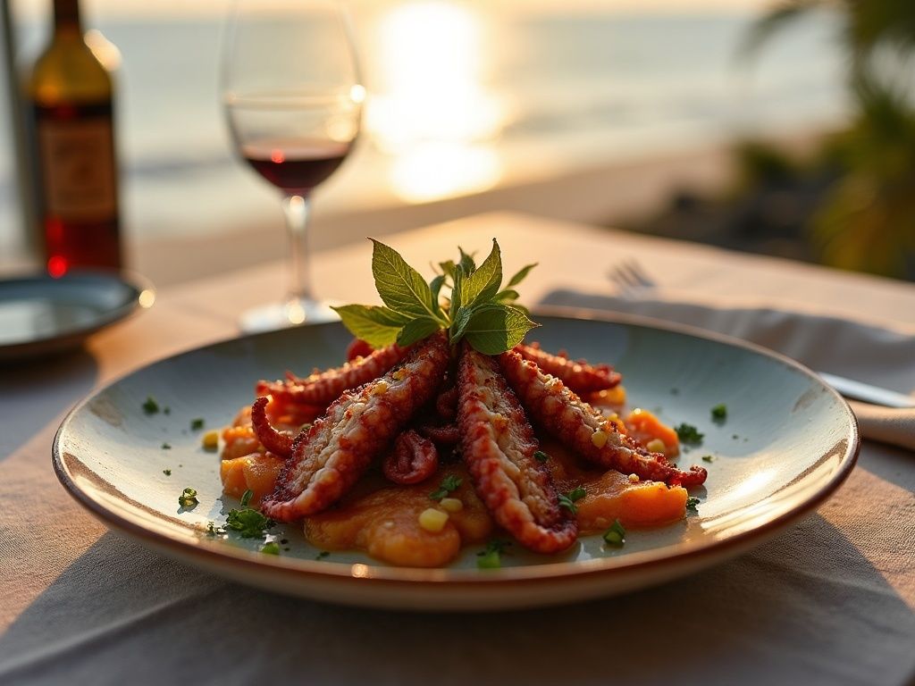 Gerecht met octopus in het restaurant van Amāra